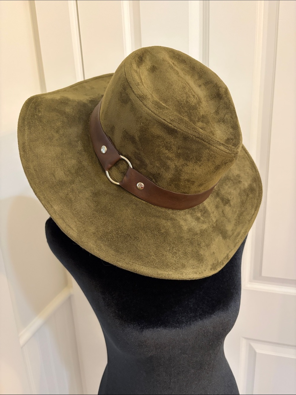 Olive Green Wide-Brim Faux Suede Fedora/Rancher with Brown Leather Band